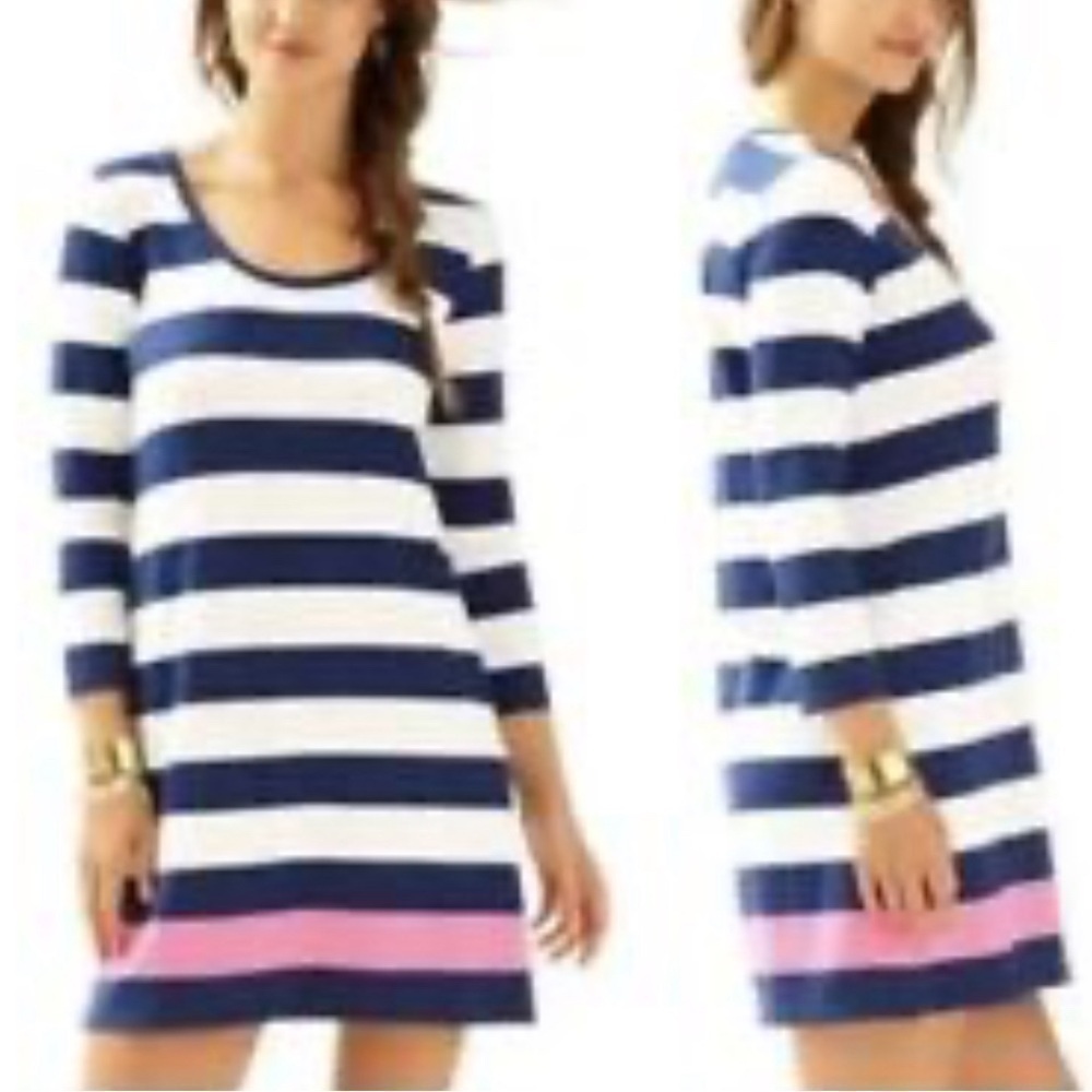 Lilly Pulitzer Devon A Line Dress Bright Navy and White Stripes with Pink Size S